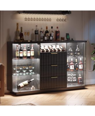 Modern Buffet Cabinet with Wine Storage, LED Lights and Glass Doors