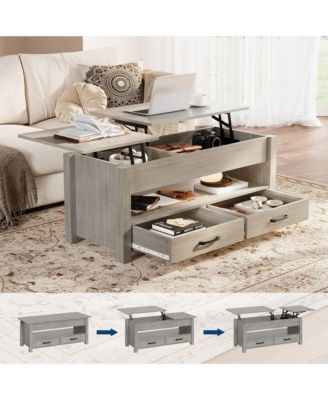 Lift-Top Coffee Table with 2 Drawers, Hidden Compartment and Open Shelf, Convertible Living Room Center Table, Engineered Wood