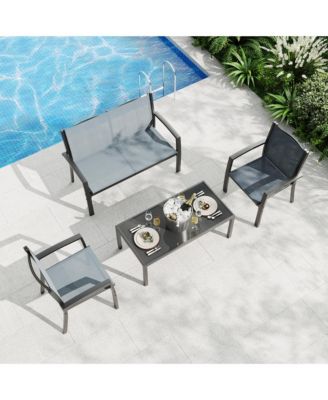 4-Piece Patio Conversation Set with Loveseat, 2 Chairs and Glass Coffee Table, Textilene Fabric, Metal Frame