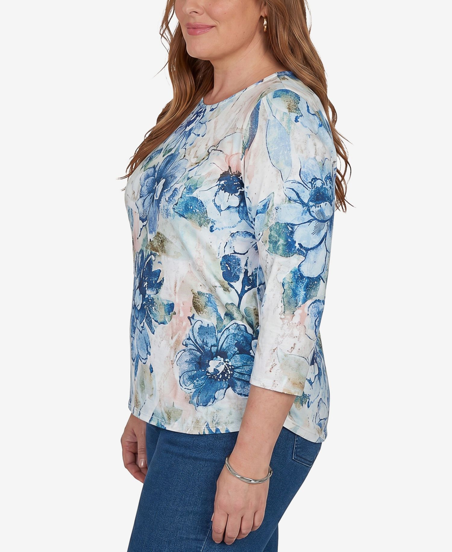 Plus Size Etched Florals 3/4-Sleeve Ruched T-Shirt