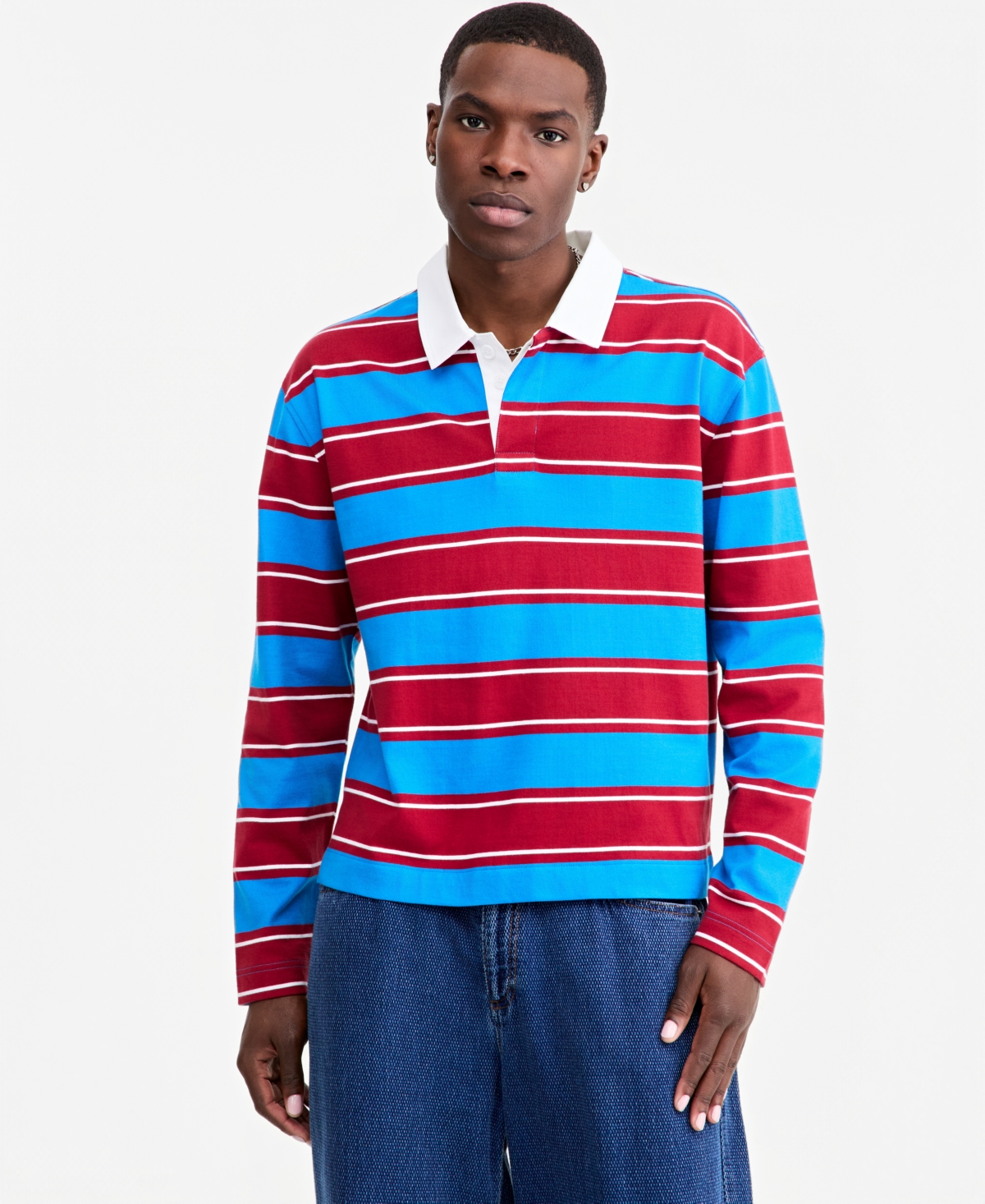 Mode of One Men's Striped Rugby Long Sleeve Relaxed-Fit Cotton Polo Shirt, Macy's Exclusive