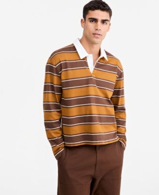 Men's Striped Rugby Long Sleeve Relaxed-Fit Cotton Polo Shirt