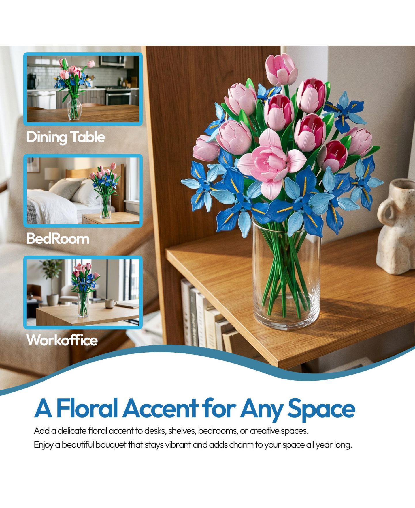 Детский конструктор Contixo BK08 Tulip & Iris Flower Bouquet Building Set, 428-Piece Pink & Blue Floral Brick Kit with Adjustable Stems, Creative Home Décor Gift, Ages 8+, цвет: Розовый / Синий — фото 10