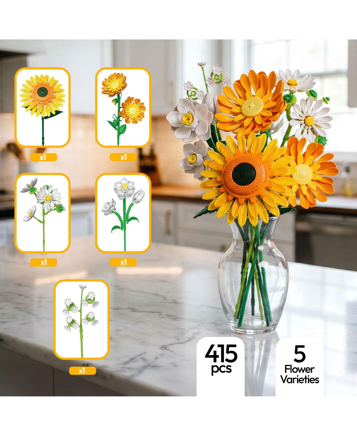 Детский конструктор Contixo BK11 Sunflower Bouquet Building Set, 415-Piece Yellow Floral Brick Kit with Daisies, Daffodils & Adjustable Stems, Creative Home Décor Gift, цвет: Жёлтый / Белый — фото 8
