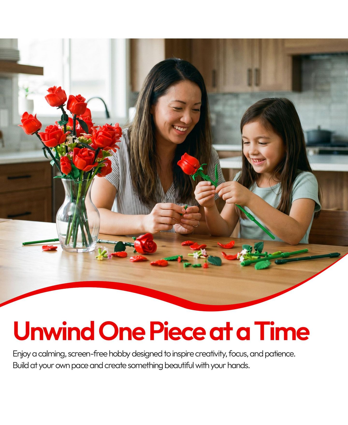 Детский конструктор Contixo BK09 Rose Bouquet Building Set, 789-Piece Red Rose Floral Brick Kit with Adjustable Stems, Romantic Home Décor Gift for Kids & Adults Ages 8+, цвет: Красный — фото 7