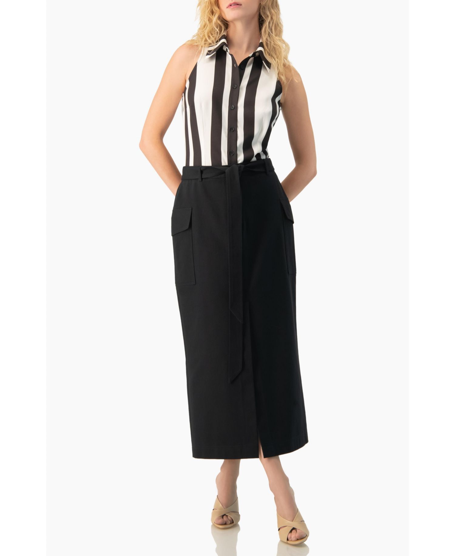 Women's High-Waisted Belted Side-Slit Midi Skirt