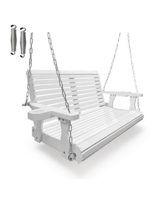2-Seater 4 FT Wooden Porch Swing High Backrest and Deep Seat with Cupholders for Outdoor Patio Garden