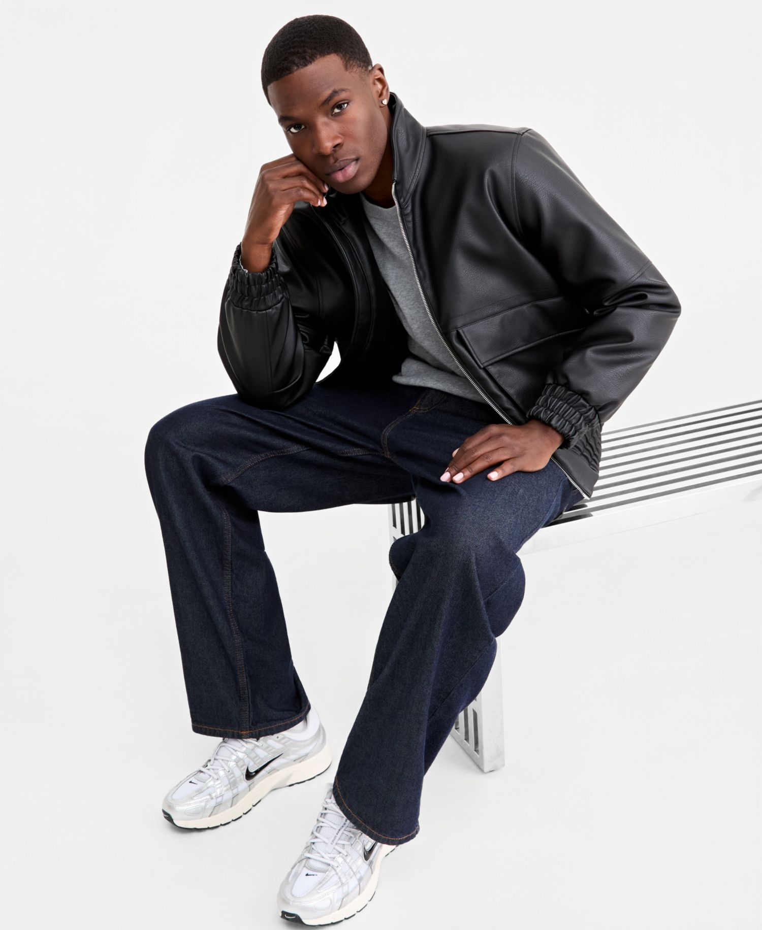Men's Faux Leather Relaxed-Fit Bomber Jacket