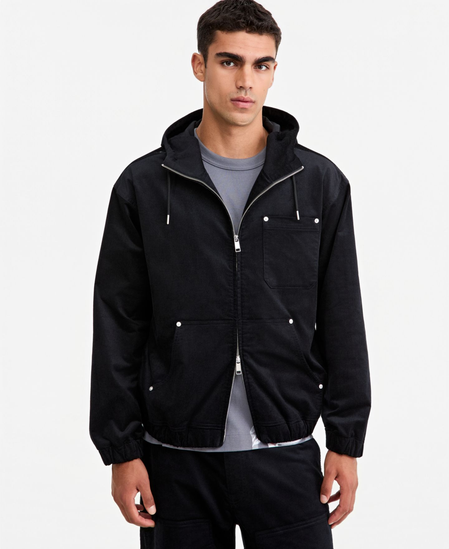 Мужское худи Mode of One Relaxed-Fit Twill Zip-Front, цвет: Глубокий чёрный — фото 1