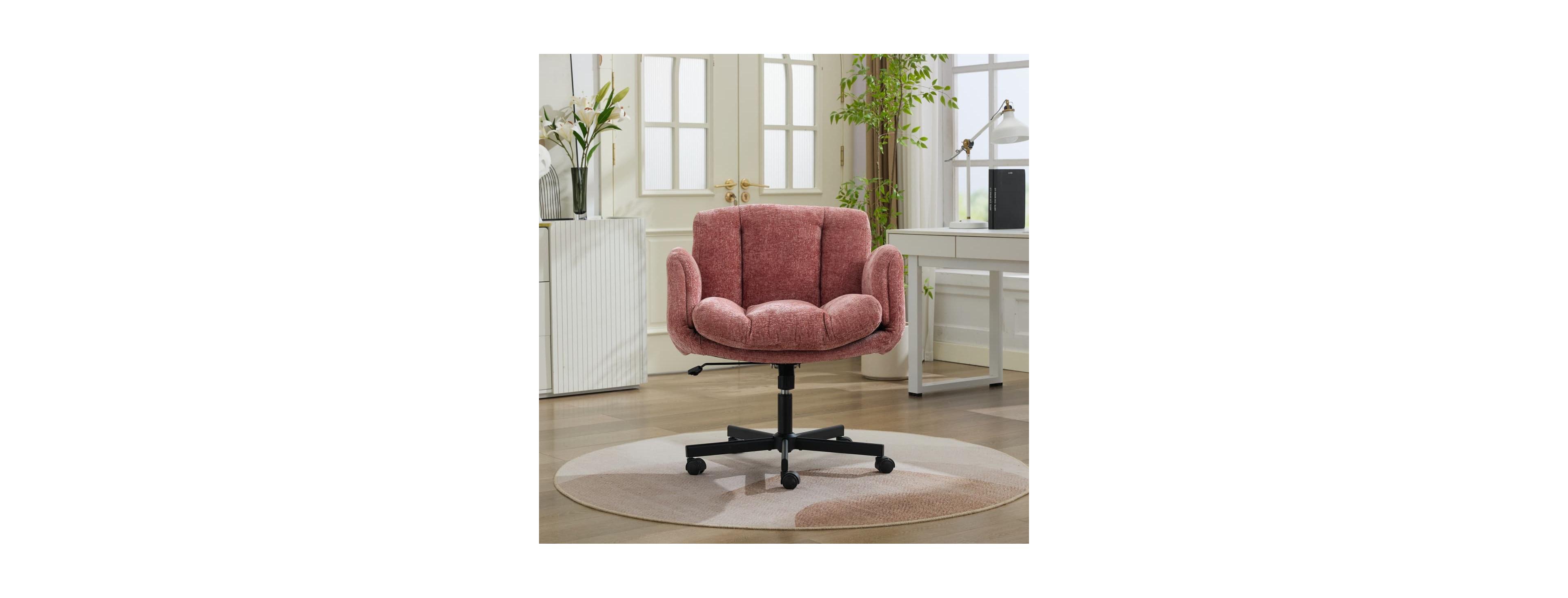 Maison Boucle Modern Chenille Swivel Office Chair, Height-Adjustable Task Chair with Flip-Up Armrests, Double-Cushioned Desk Chair for Home Office