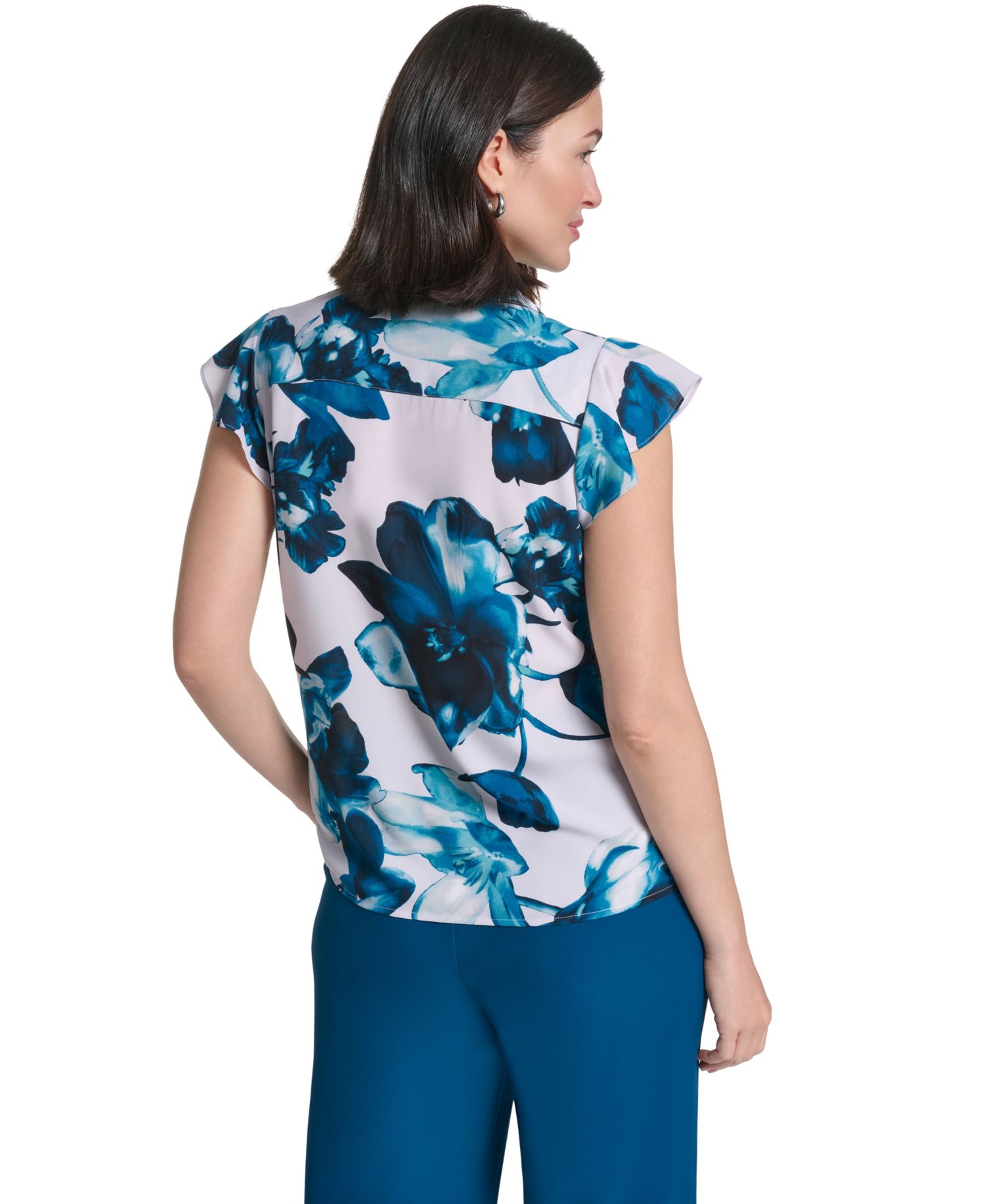 Women's Ruffle Front Floral Collared Blouse