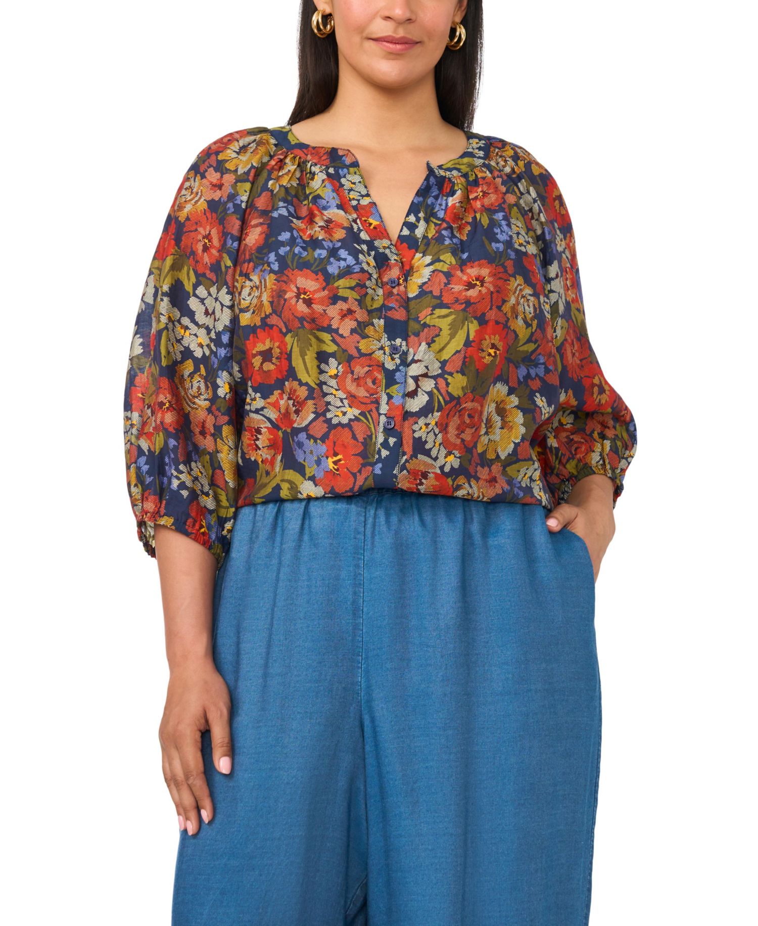 Plus Size Raglan Sleeve V-Neck 3/4-Sleeve Blouse