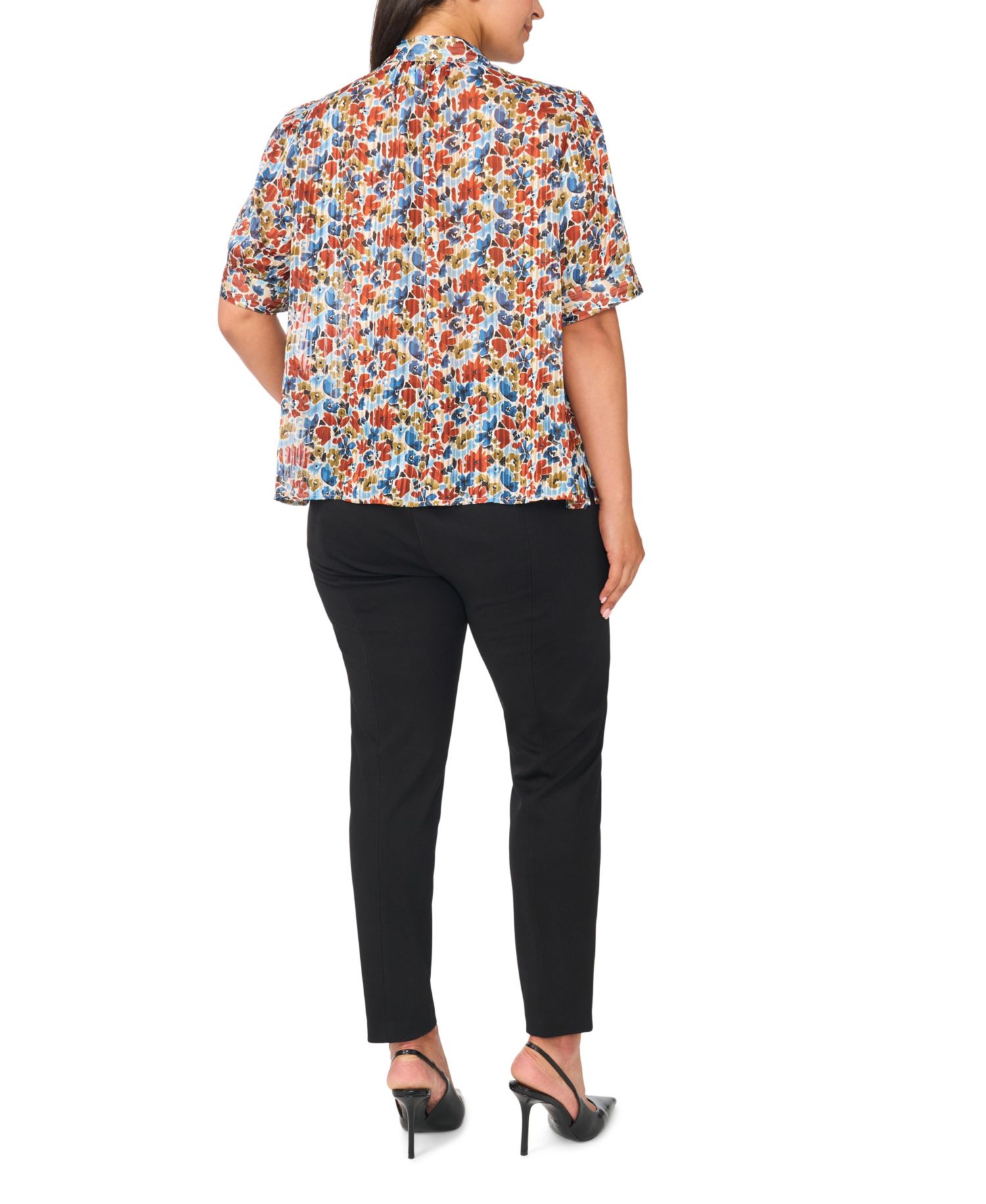 Plus Size Floral Short Puff-Sleeve Mock-Neck Blouse