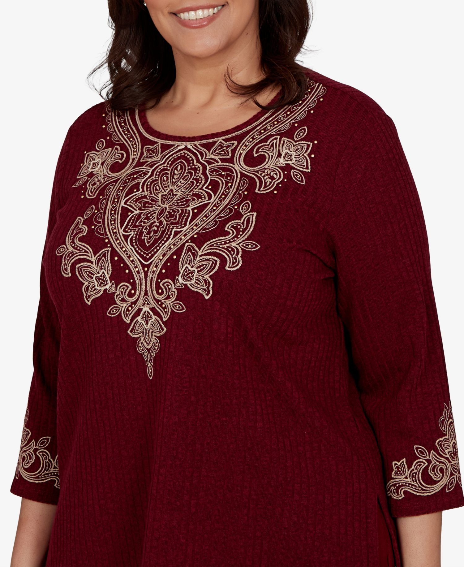 Plus Size Union Square Scroll-Embroidered 3/4 Sleeve Knit Top