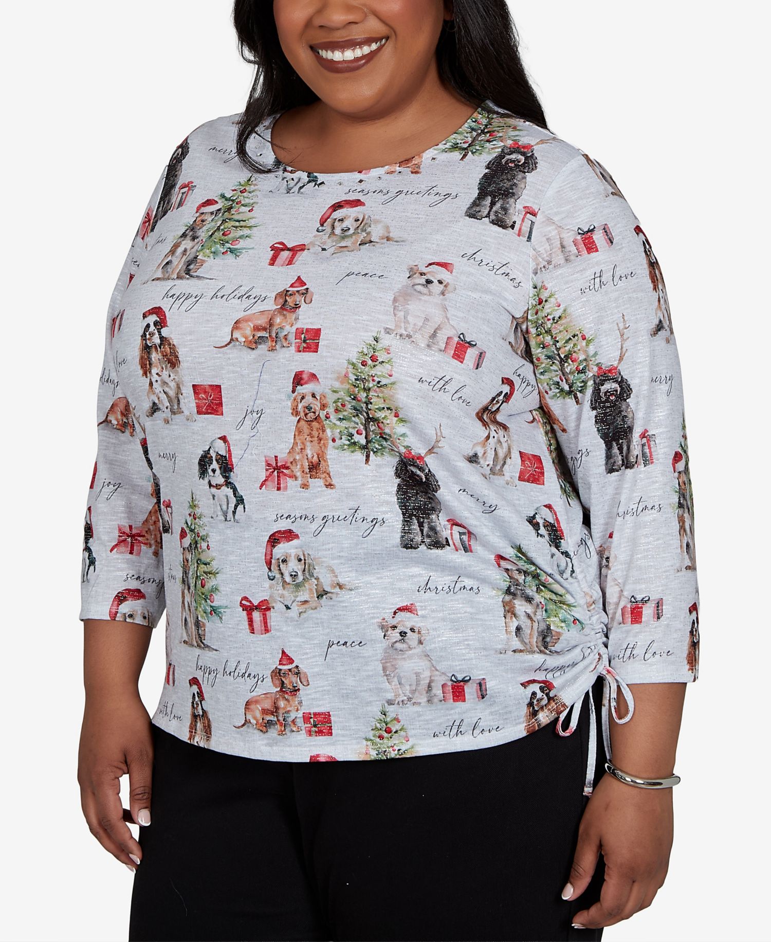 Plus Size Classic Gift Giving Dogs Holiday 3/4-Sleeve Knit Top