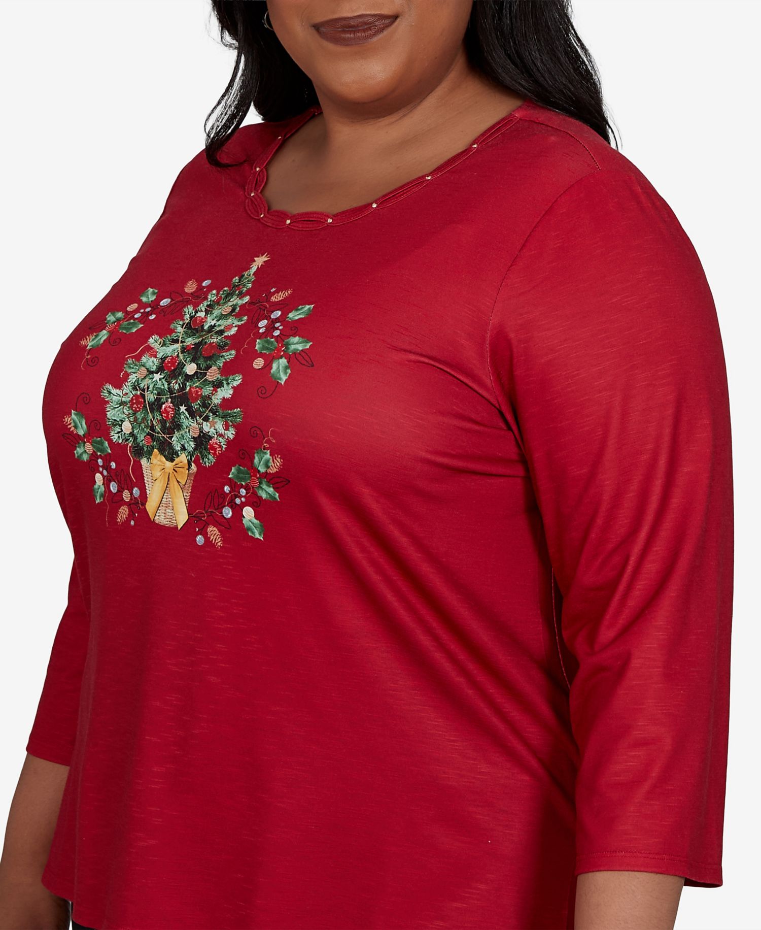 Plus Size Christmas Tree 3/4-Sleeve Braided Neck Top