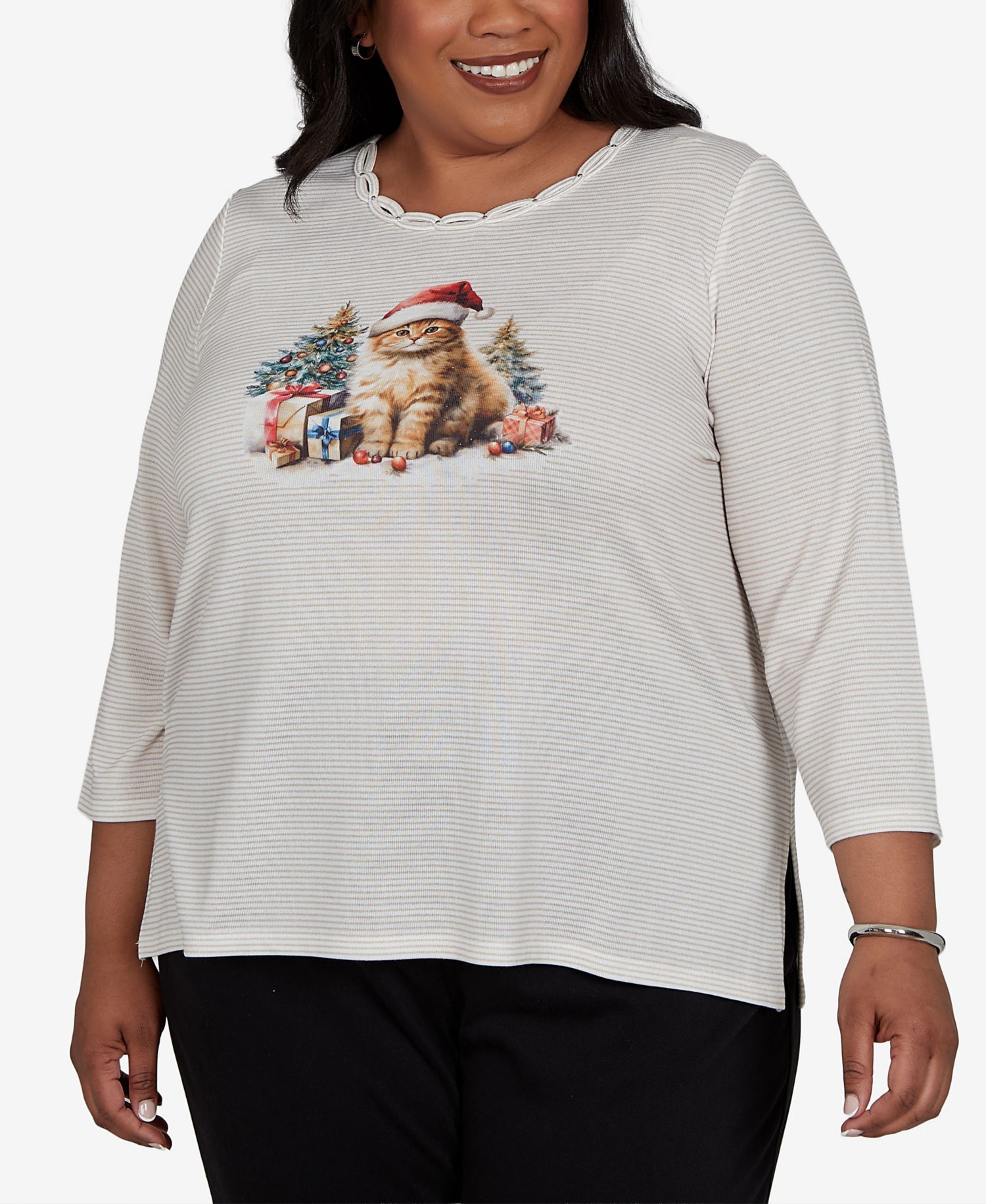 Plus Size Santa Cat 3/4-Sleeve Knit Top