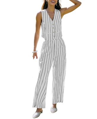 Women's V-Neck Striped Wide-Leg Cami and Pants, 2-Piece Set