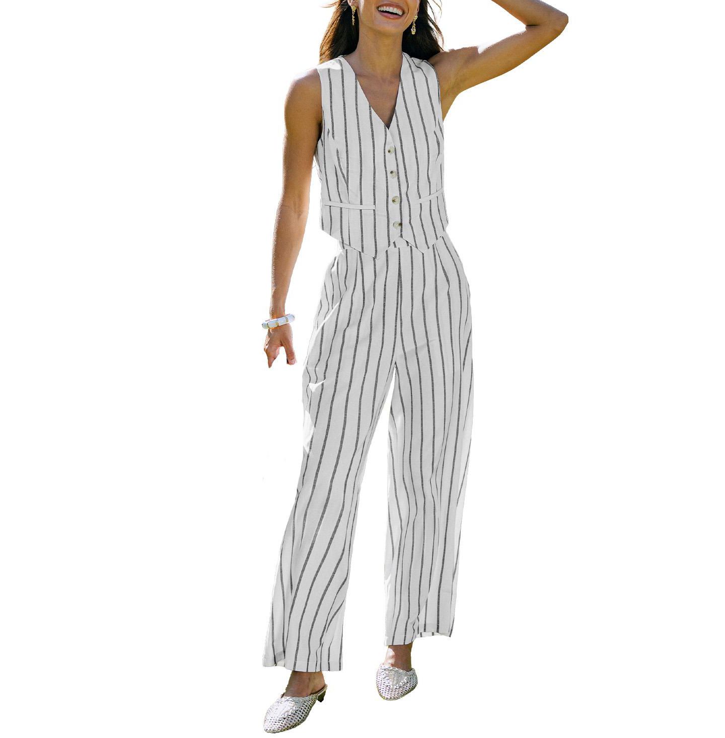 Женский комплект Cupshe V-Neck Striped Wide-Leg Cami and Pants, 2-Piece Set, цвет: Белый — фото 1