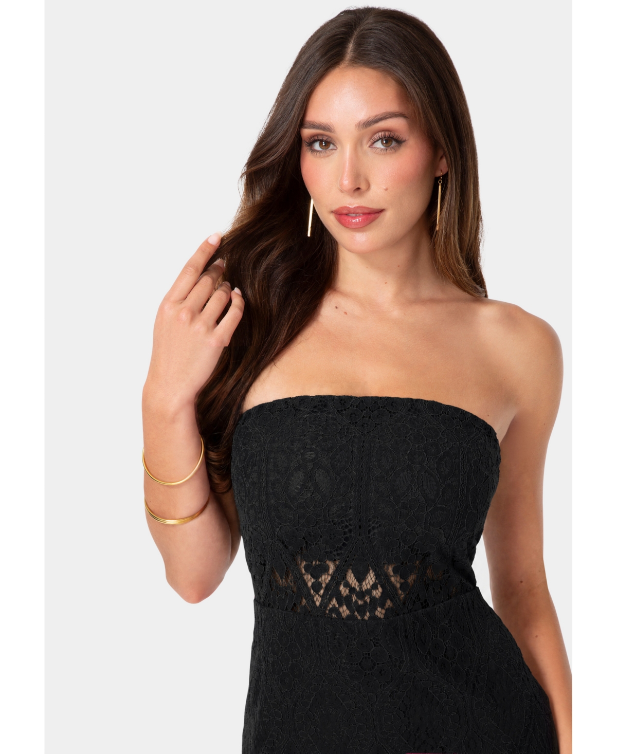 Bebe Women's Lace Illusion Strapless Midi Dress
