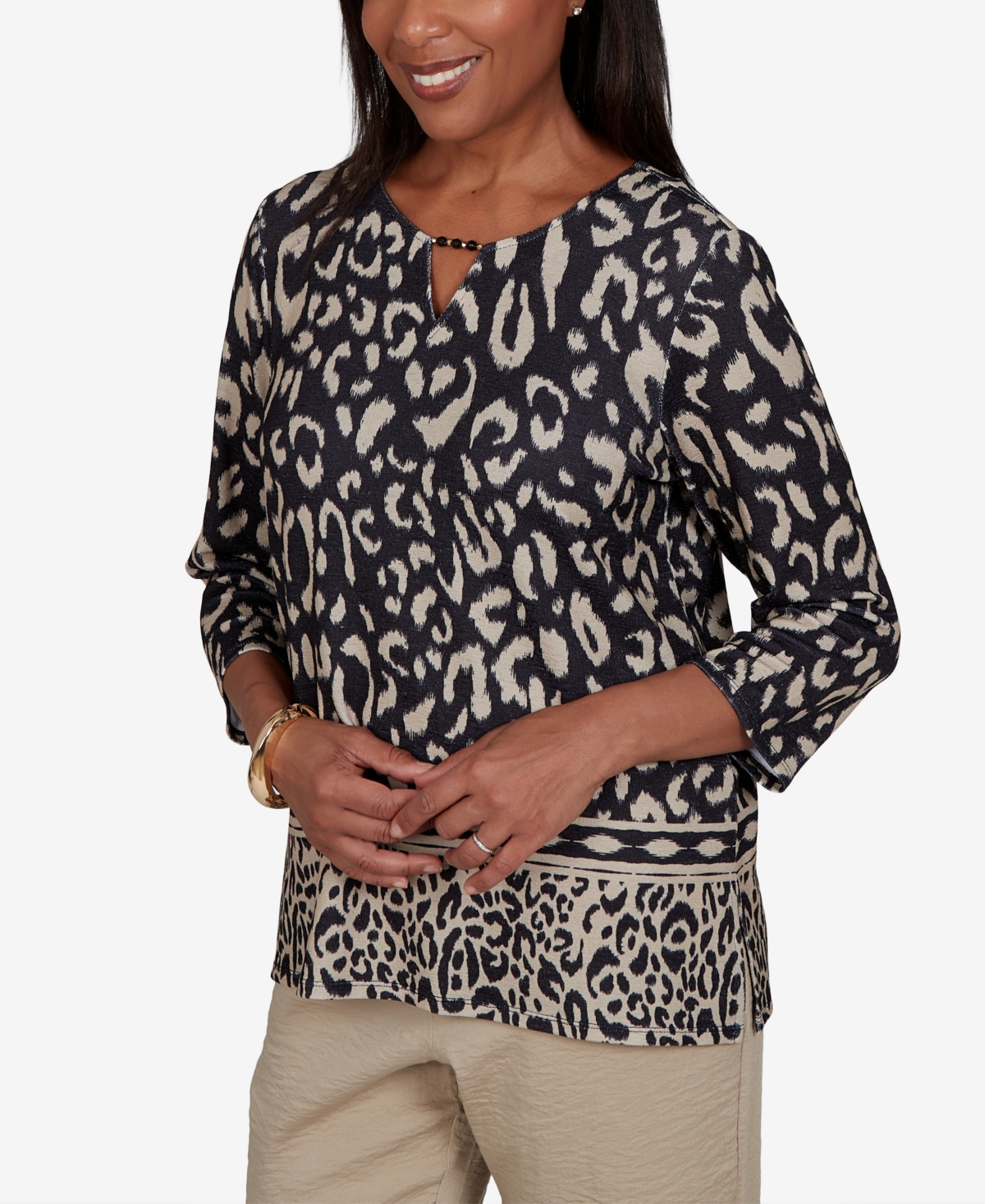 Alfred Dunner Petite Travel Advisory Animal Print Split Neck Knit Top