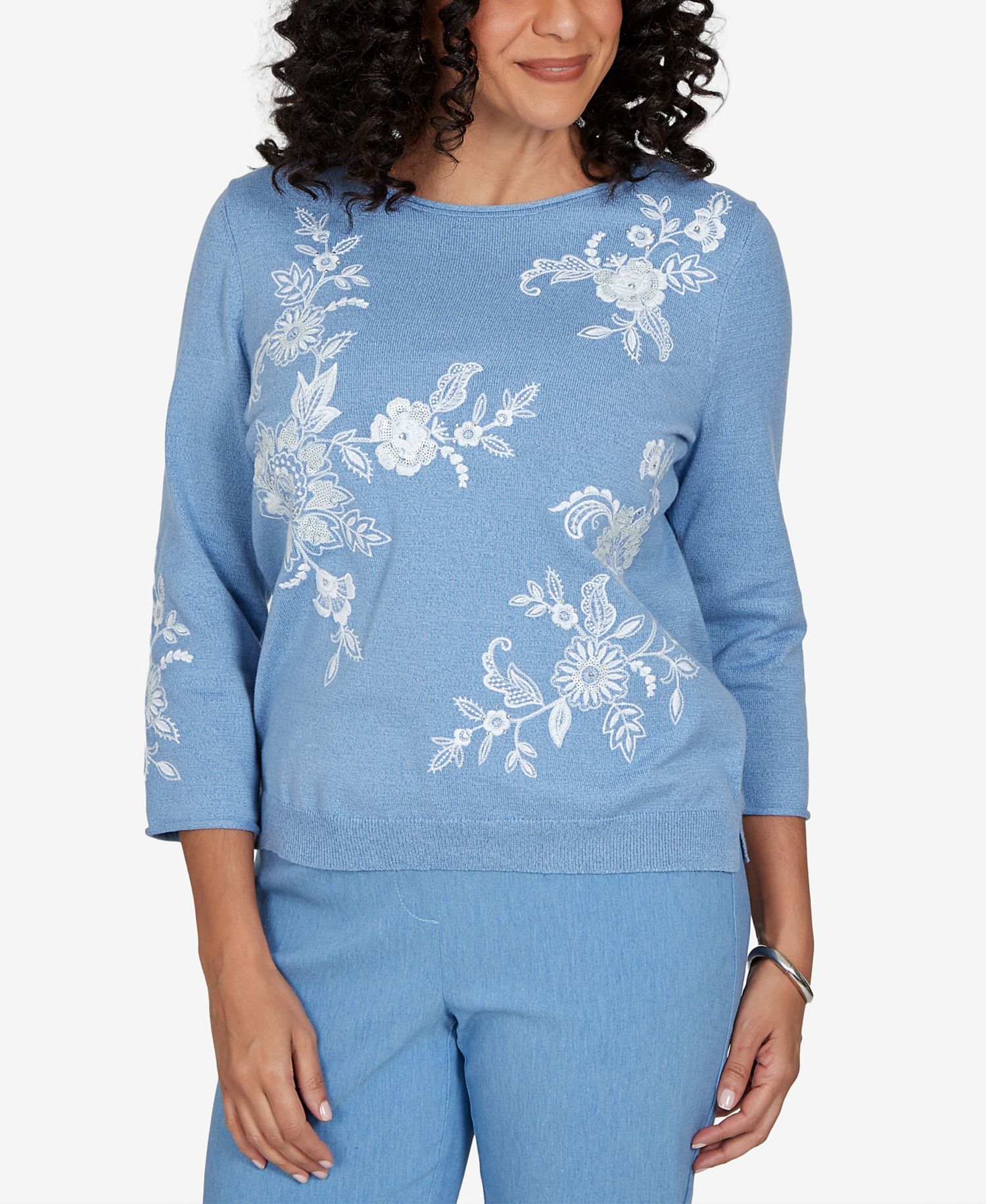 Petite Provence Lacey Floral Embroidered 3/4-Sleeve Sweater