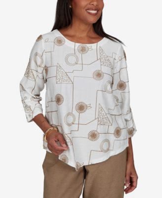Petite Union Square Geometric-Floral 3/4-Sleeve Crewneck Rayon-Nylon Blend Blouse