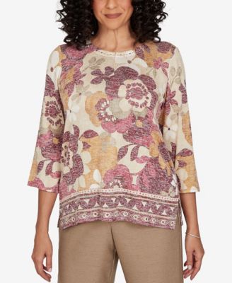 Petite Union Square Exploded Floral Geo Border 3/4-Sleeve Top