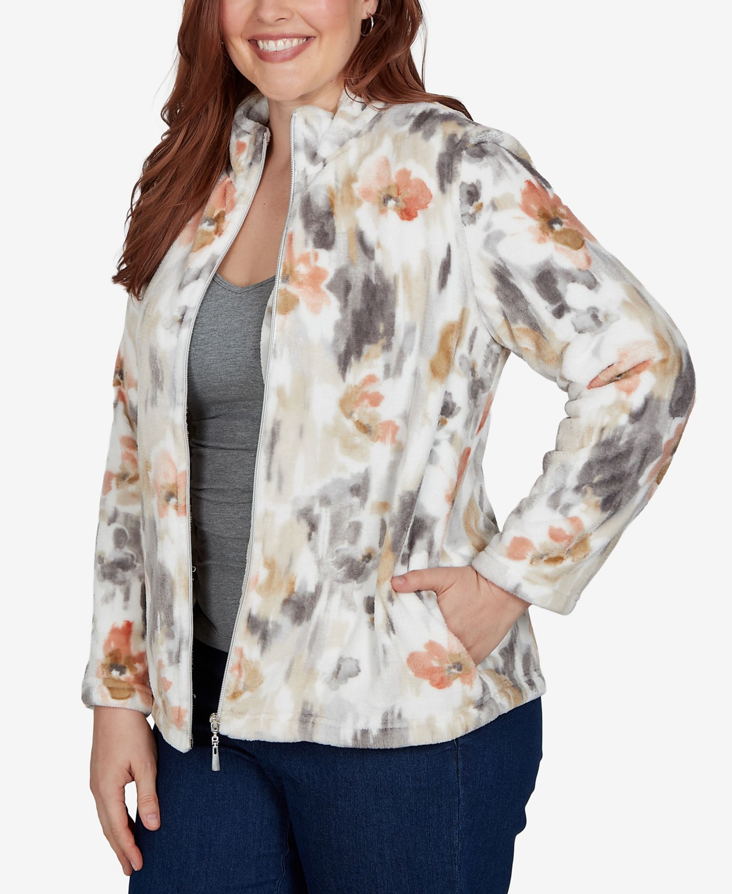 Petite Watercolor Floral Fleece Stand Collar Jacket