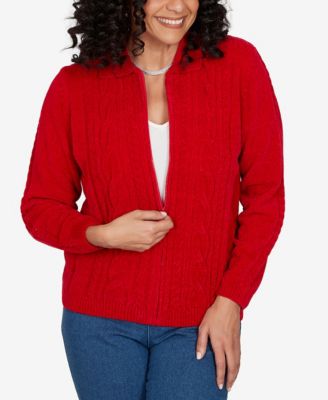 Petite Cable Knit Full-Zip Collared Cardigan