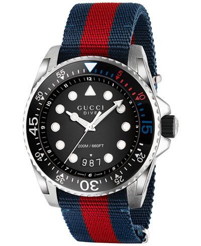 Gucci Men's Swiss Dive Blue-Red-Blue Nylon Nato Strap Watch 44mm YA136210