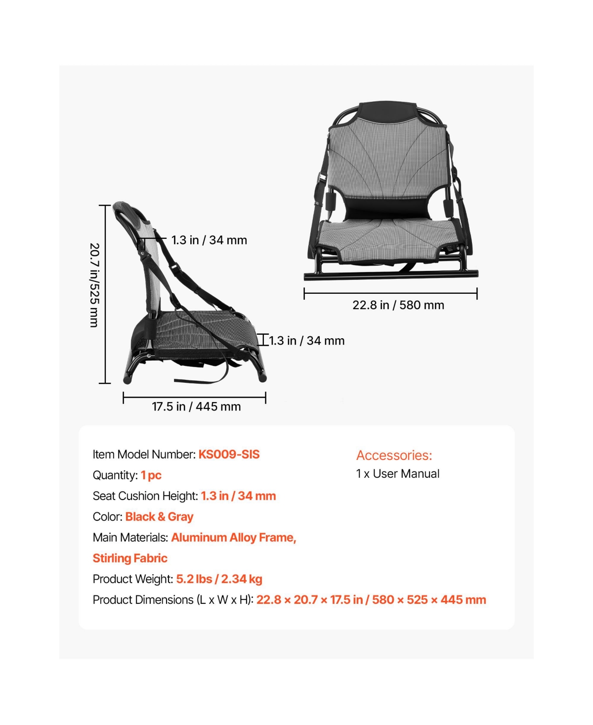 Sevorley Foldable Kayak Seat with Adjustable Back Support, 1.3" Raised Cushion and Aluminum Alloy Frame