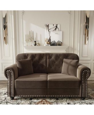 63" Mid-Century Velvet Sofa, Button Tufted Couch with Nailhead Trim, Rolled Armrests and 2 Pillows for Living Room, Apartment, Small Space