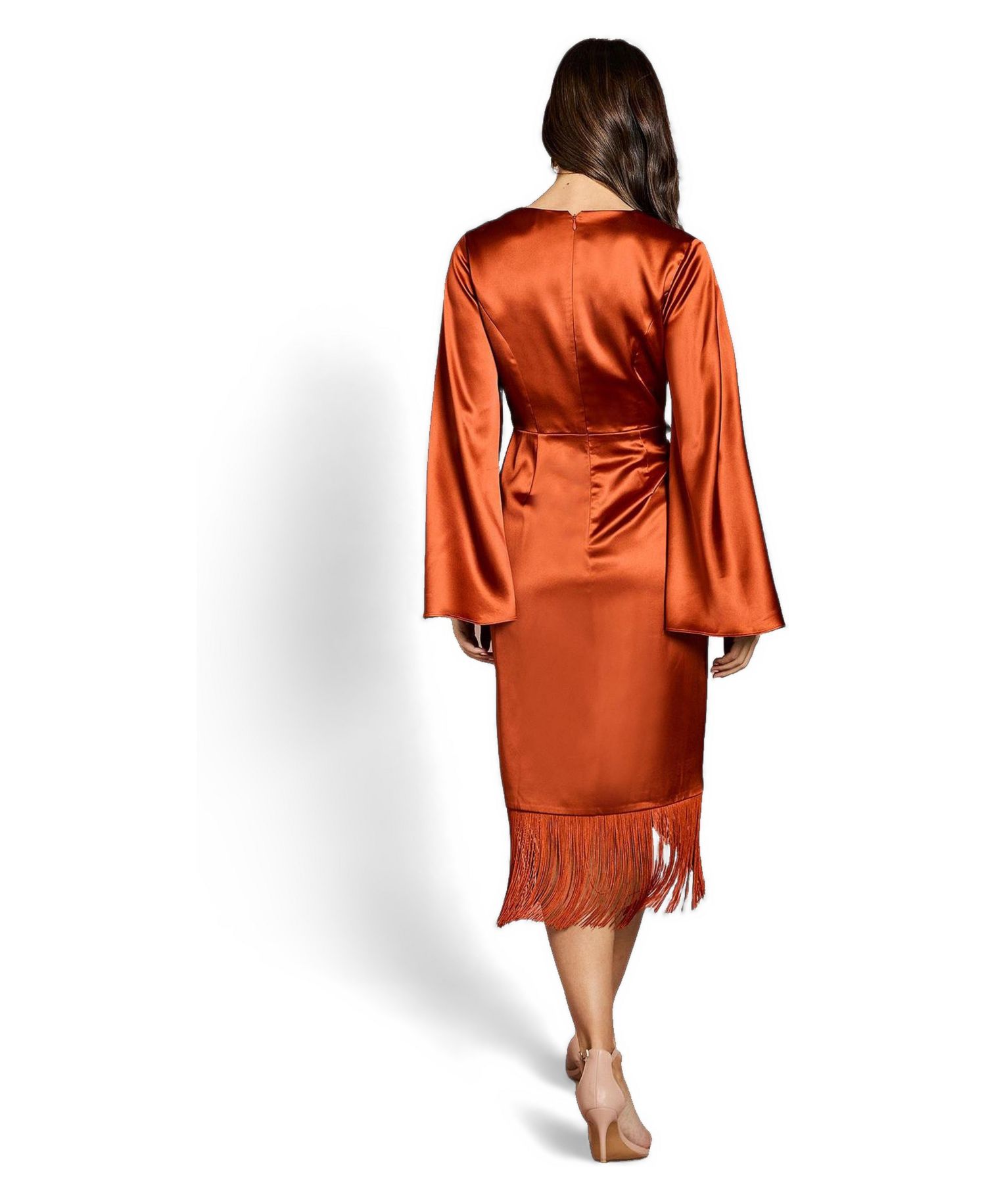 Women's Satin Fringe Hem Wrap Midi Dress
