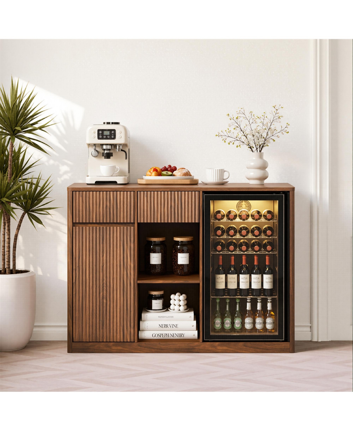 Clihome 51.2 Inch Modern Fluted Bar Cabinet with Mini Fridge Space - Walnut