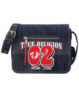 Women's Varsity Logo Zip Pocket Denim Messenger Bag – Dark Denim Crossbody Bag