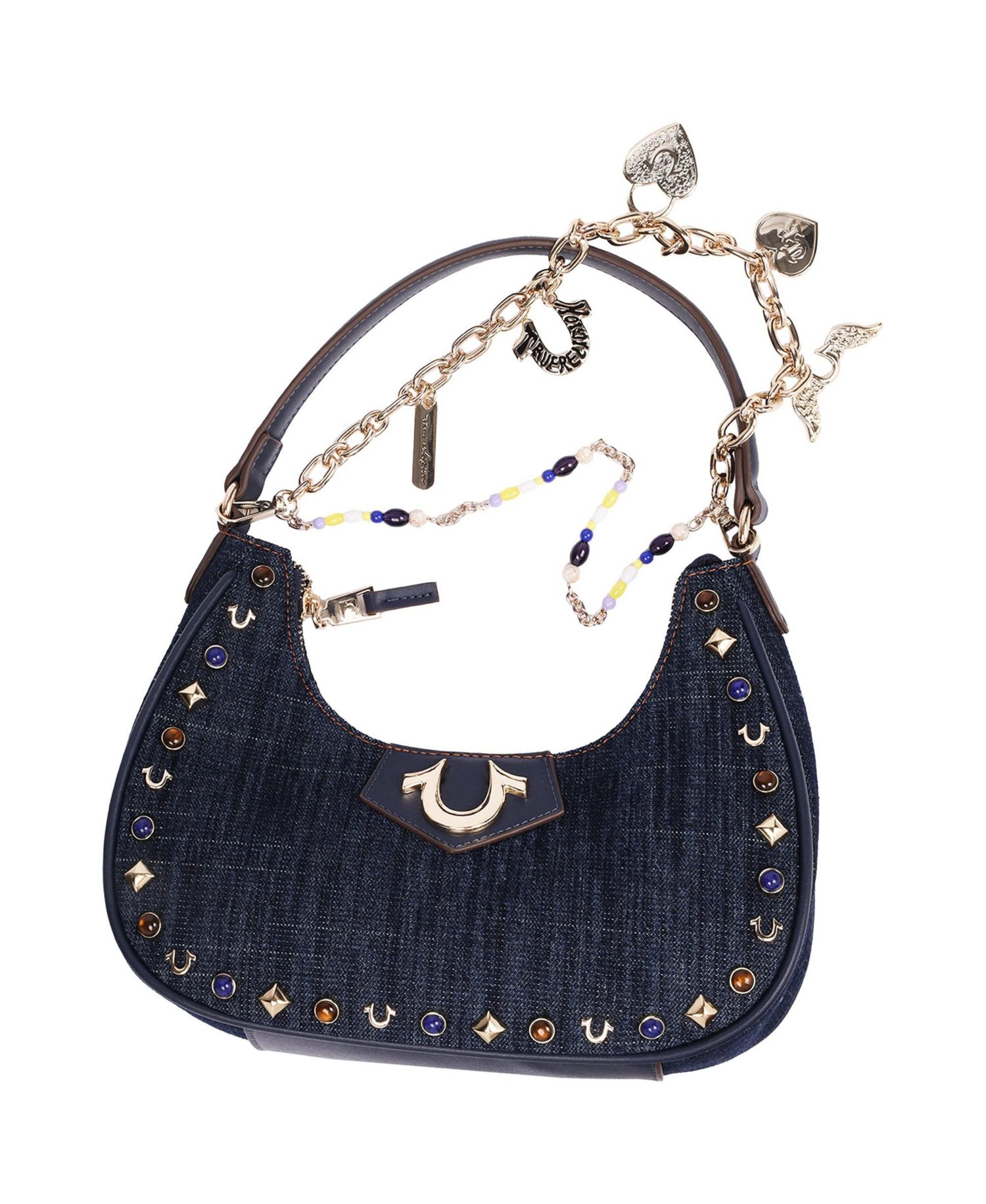 Women's Studded Denim Shoulder Bag with Removable Charm Chain