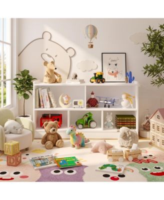 Wooden Bookshelf, 5-Section 2-Tier Toy Storage Organizer, Open Shelving Kids Book Shelf for Playroom Nursery Classroom Kindergarten