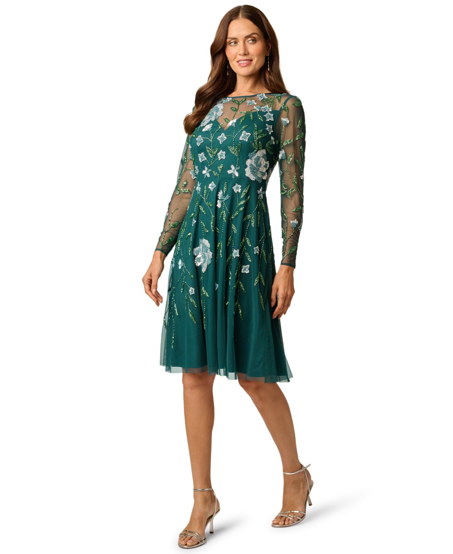 Женское платье Adrianna Papell Beaded-Sequin Floral-Print Long-Sleeve Midi, цвет: Зелёный — фото 2