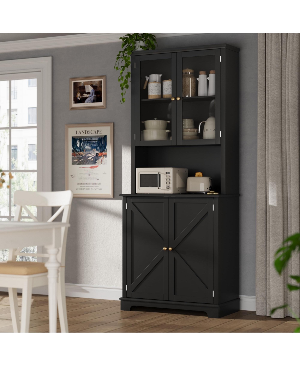 homfan 72"Tall Farmhouse Kitchen Hutch with Glass Doors, 41" Wide Storage Charging Station and Led Lights, Open Counter Shelf, Double Lower Doors
