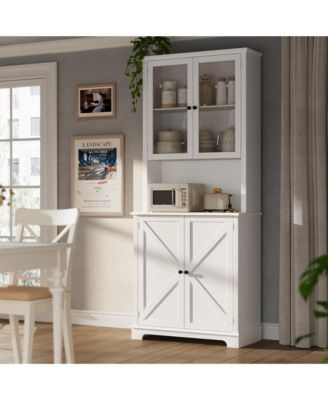 72"Tall Farmhouse Kitchen Hutch with Glass Doors, 41" Wide Storage with Charging Station and LED Lights, Open Counter Shelf, Double Lower Doors