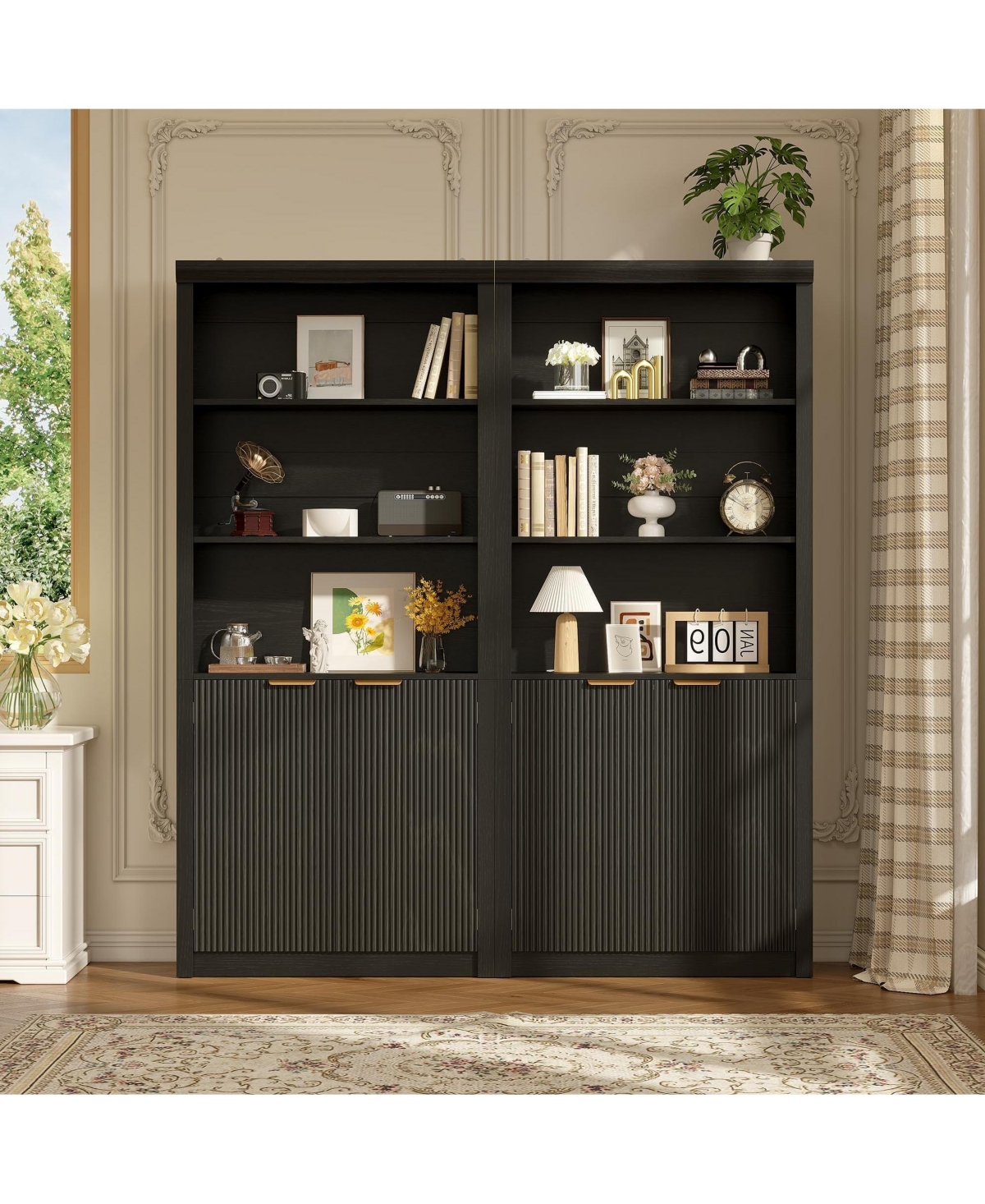 homfan Tall Bookcase, 31.5" Wide wooden Unit with Doors, Farmhouse Large Storage, 5-Shelf Adjustable Top for Home Office, Living Room