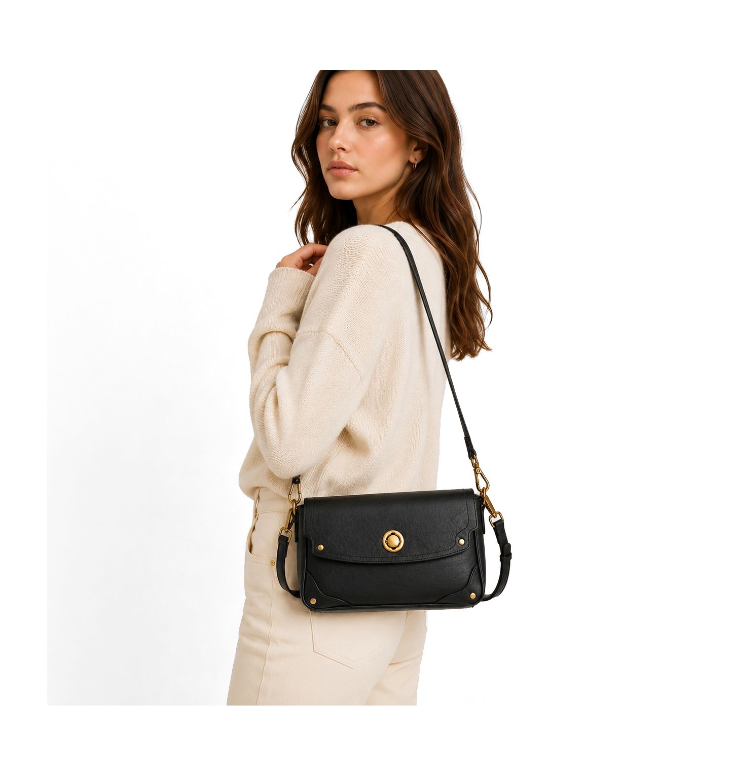 Женская сумка SUSU Mila Leather Shoulder Bag Convertible Crossbody Purse with Gold Hardware, цвет: Чёрный / Оникс чёрный — фото 4