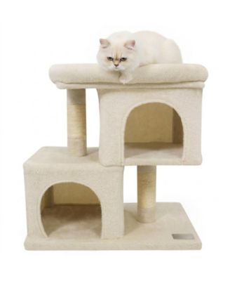 Space-Saving Modern Cat Tree with Upholstered Perch 2 Condos and Sisal Posts