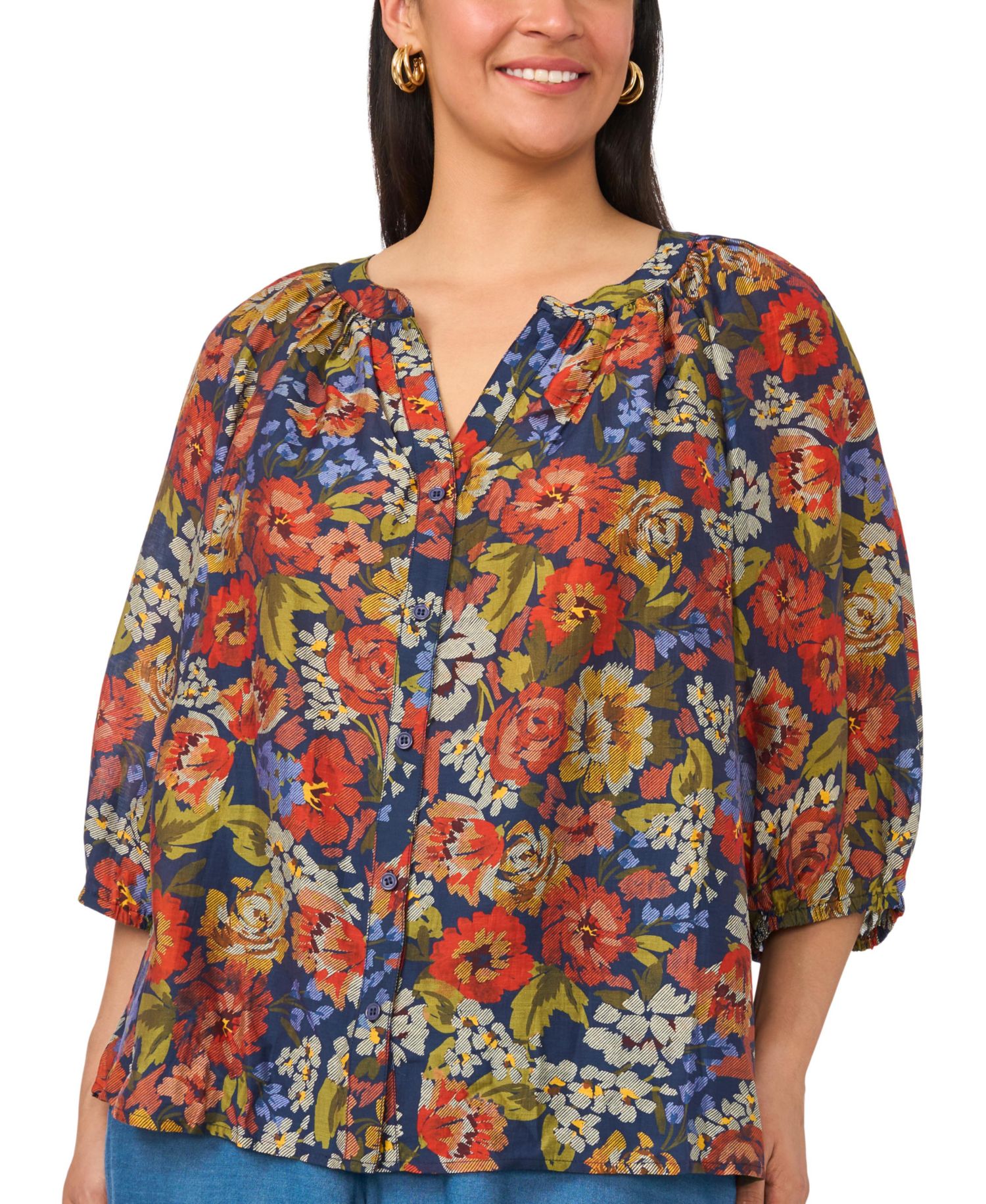 Plus Size Raglan Sleeve V-Neck 3/4-Sleeve Blouse