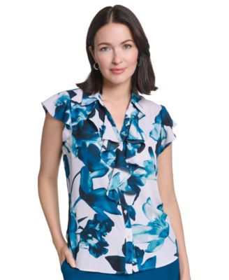Women's Ruffle Front Floral Collared Blouse