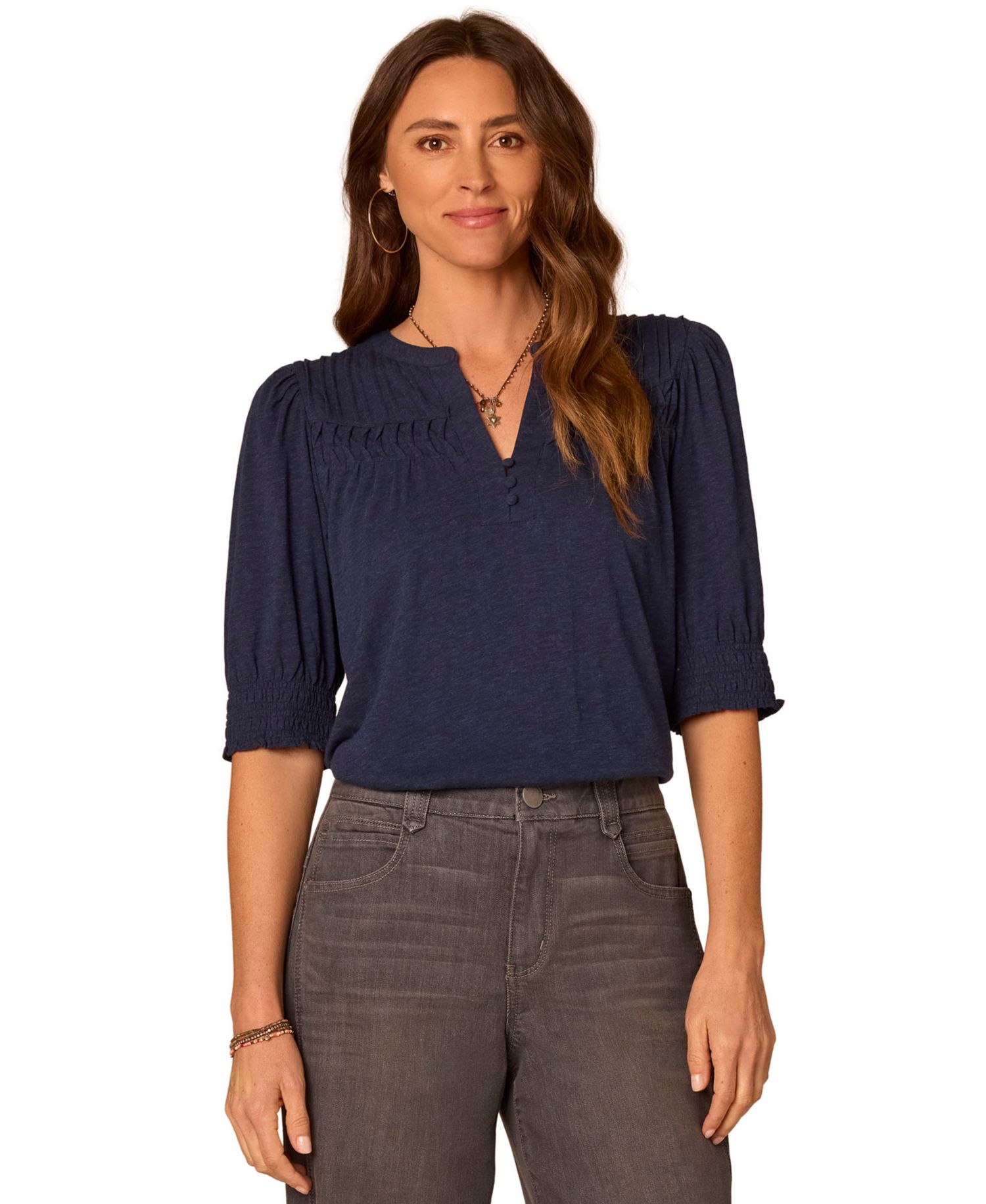 Petite Mandarin Collar Blouson-Sleeve Knit Top