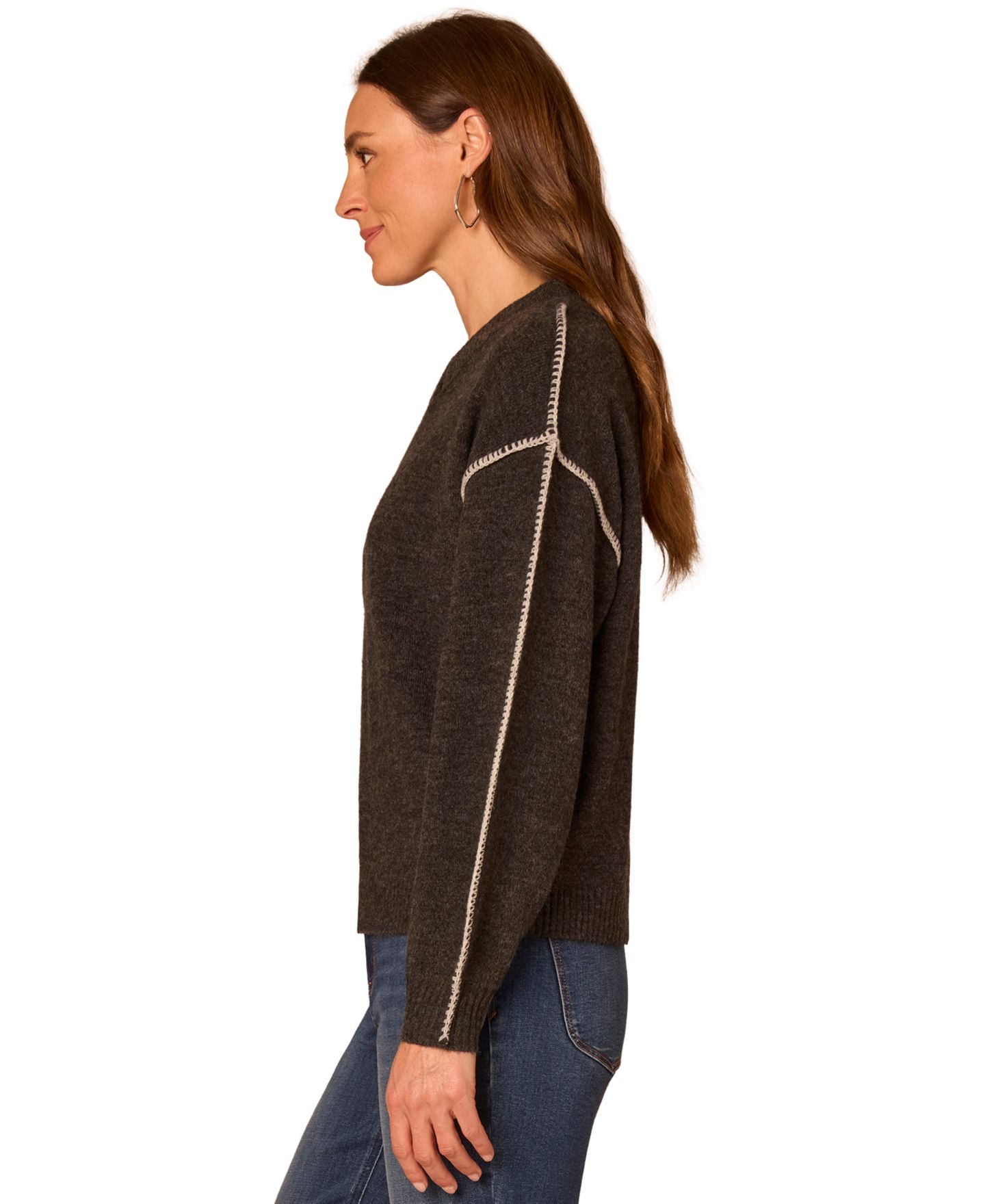 Женский свитер Democracy Petite Whip-Stitch Long-Blouson Sleeves V-Neck Pullover, цвет: Меланжевый медный / Слоновая кость — фото 3