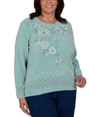 Plus Size Embroidered Floral Textured Chenille Sweater