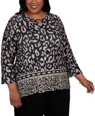 Plus Size Travel Advisory Animal-Print 3/4-Sleeve Split-Neck Top